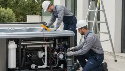 Spa repair technician servicing a home spa in Overland Park, KS for reliable plumbing repairs