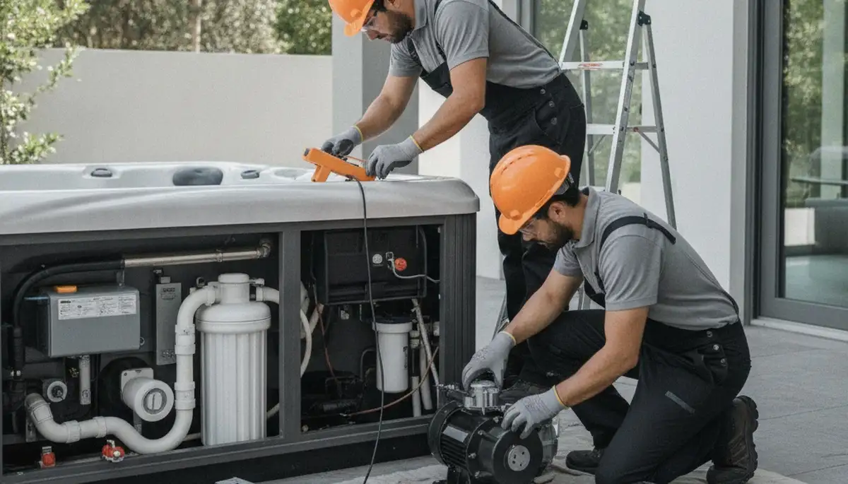 Spa repair technician servicing a home spa in Overland Park, KS