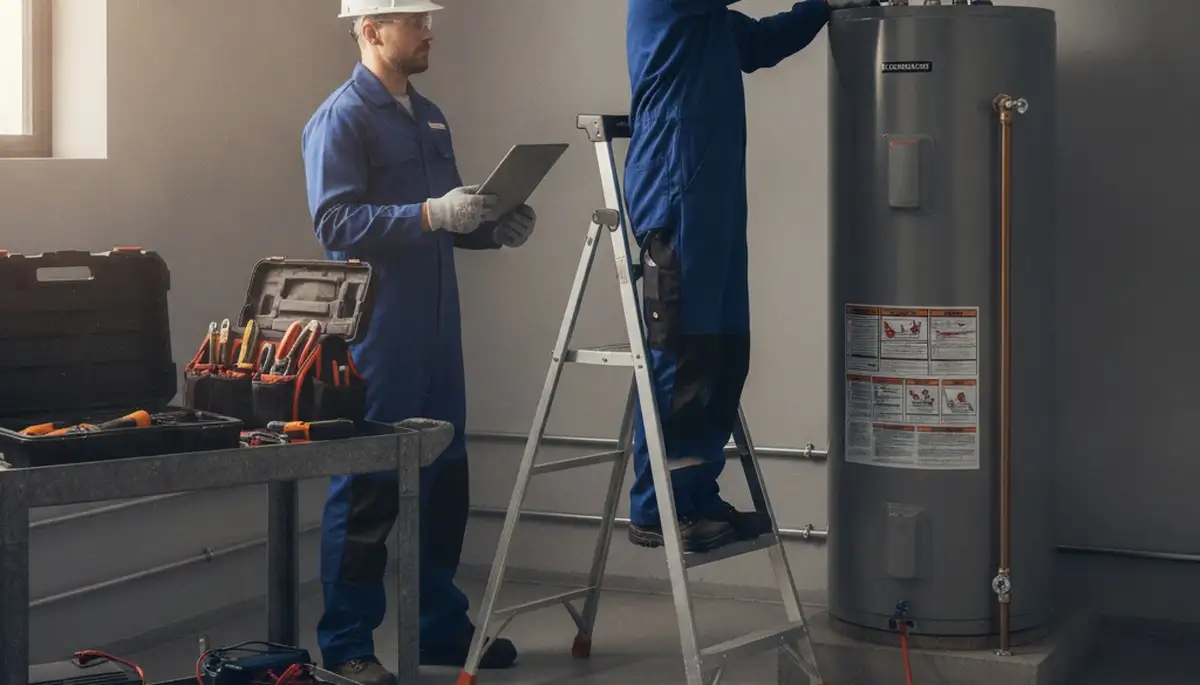 Water heater repair technician in Overland Park, KS servicing a home unit